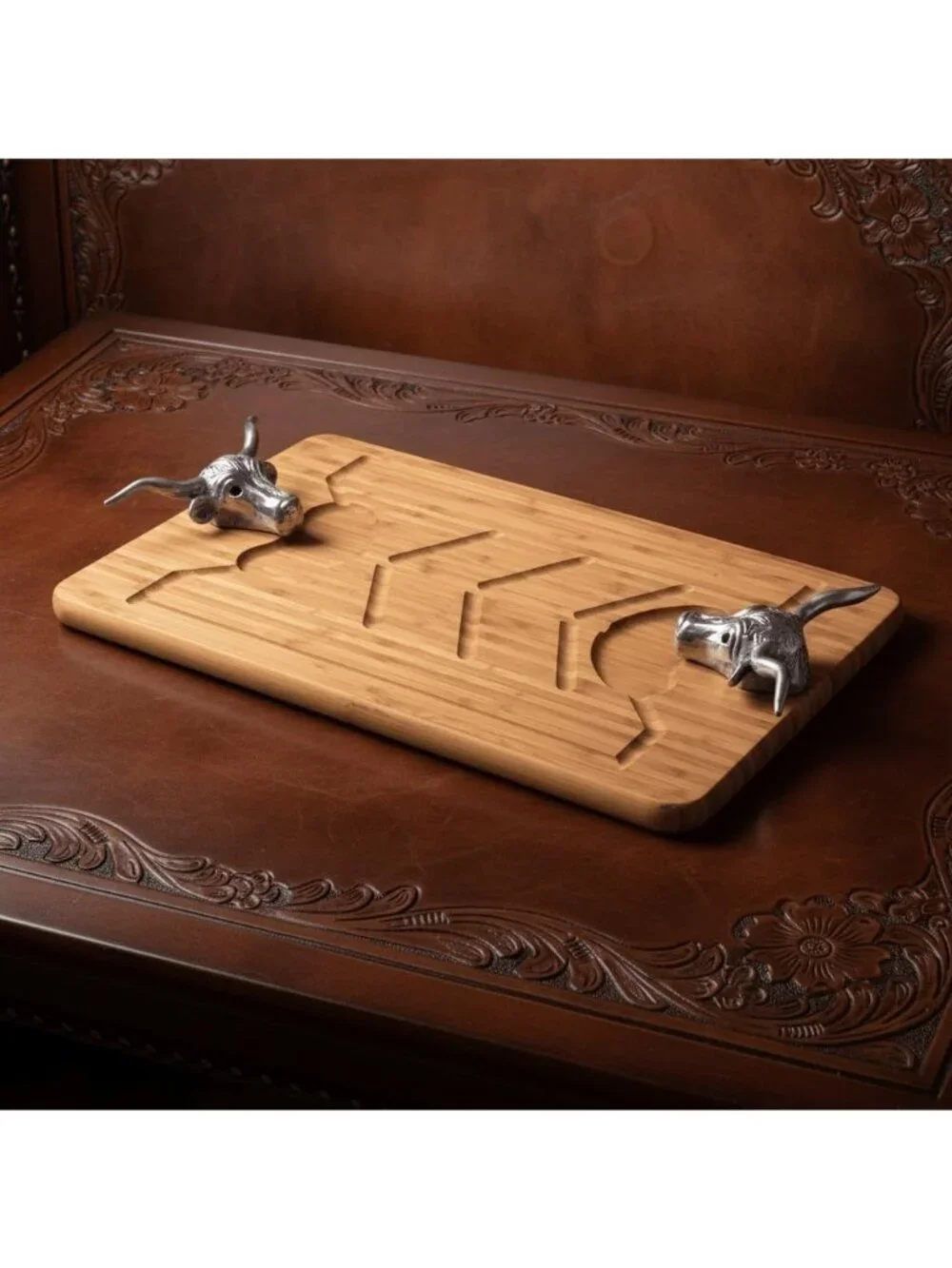 Arthur Court Longhorn Carving Board Bamboo Wood Aluminum 20” x 13” NIB